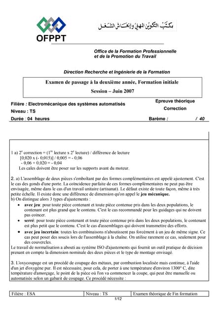 Corrigé de l’examen de passage à la 2 ème année 2007 TS ESA Théorique