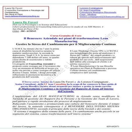 Corso Gratuito  Lean Manufacturing e Benessere Aziendale 042013