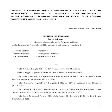 Corte dei conti regione sicilia bilancio 2011 e  2012 scioglimento  c.c.   is...