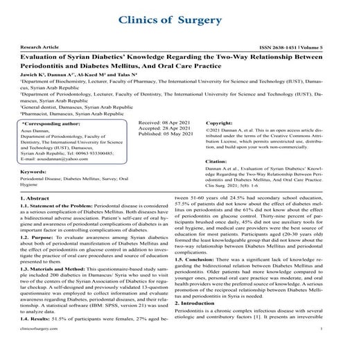Evaluation of Syrian Diabetics’ Knowledge Regarding the Two-Way Relationship ...