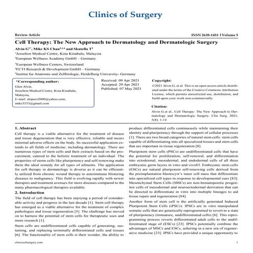 Cell Therapy: The New Approach to Dermatology and Dermatologic Surge
