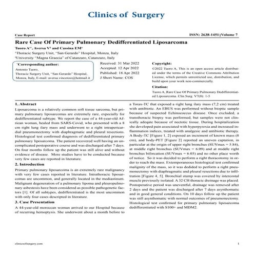 Rare Case Of Primary Pulmonary Dedifferentiated Liposarcoma