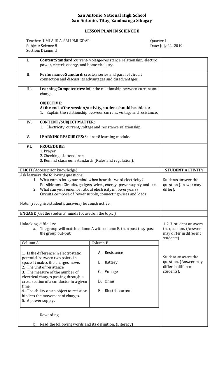 science 8 electricity lesson plan