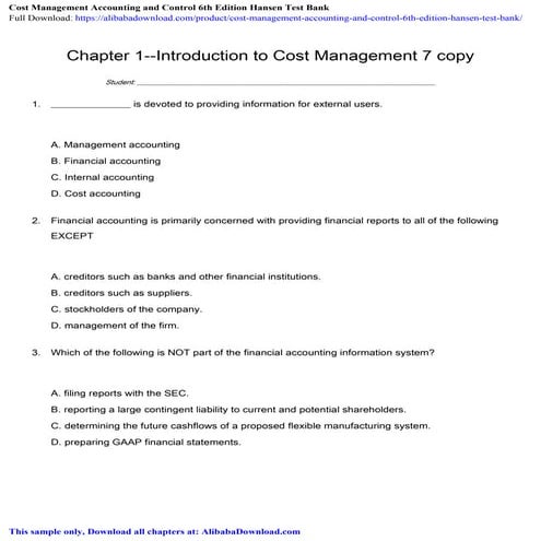 Cost Management Accounting and Control 6th Edition Hansen Test Bank | PDF