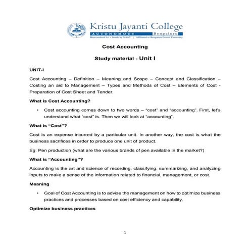 Cost Accounting Study material - Unit I.docx