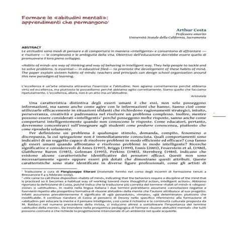 Costa, formare le «abitudini mentali» apprendimenti che permangono