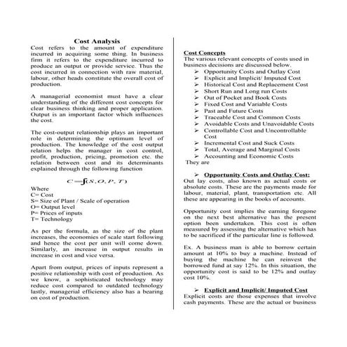 Managerial Economics- Cost analysis and BEP Analysis notes