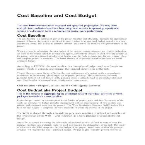 Cost baseline and cost budget