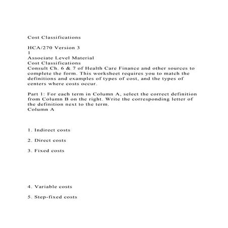 Cost Classifications HCA270 Version 31Associate Level M.docx