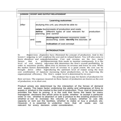 Cost n output relation