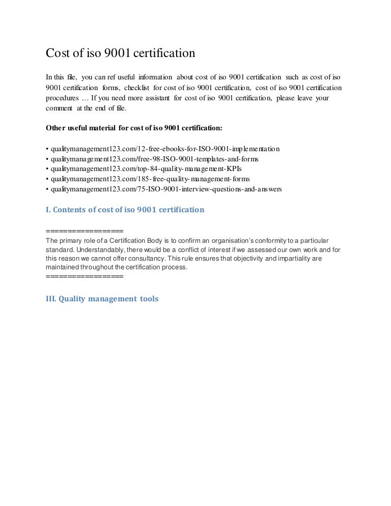 Cost of iso 9001 certification