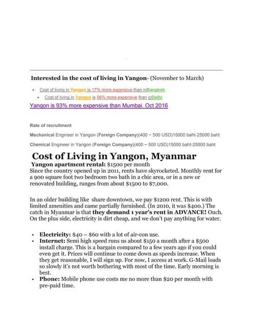 COST OF LIVING IN YANGON, MYANMAR OCTOBER-NOVEMBER 2016 DATA COLLECTION