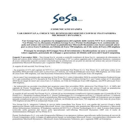VAR GROUP S.P.A. CRESCE NEL BUSINESS DEI SERVIZI CLOUD SU PIATTAFORMA MICROSO...