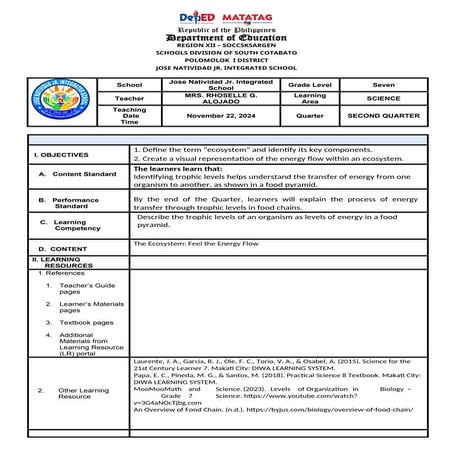 EXAMPLE OF SEMI-DETAILED LESSON PLAN IN SCIENCE 7