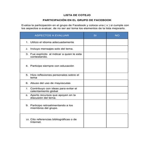 Cotejo participacion grupo