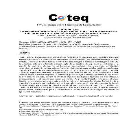 DESEMPENHO DE ARMADURAS DE AÇO-CARBONO ZINCADAS EM ESTRUTURAS DE CONCRETO FRE...