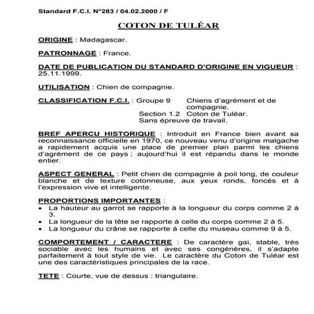 Coton Tulear Société Centrale Canine, fiche race, groupe 9