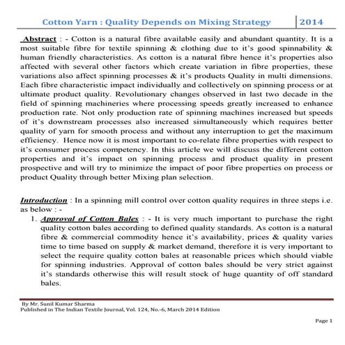 Cotton Yarn Quality Depends on Mixing Strategy