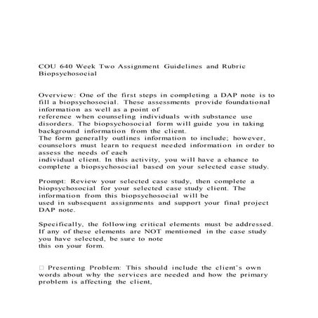 COU 640 Week Two Assignment Guidelines and Rubric Biopsych
