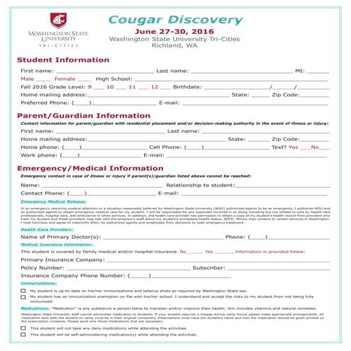 Cougar discovery-student-information-packet