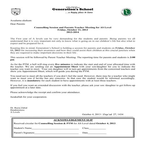 Counselling workshop and parents teacher meeting for AS Level