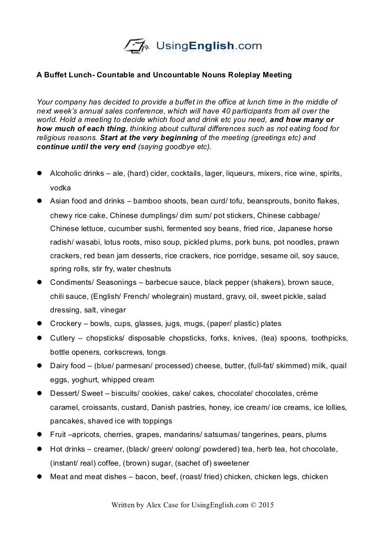 A buffet lunch Countable and uncountable nouns Roleplay