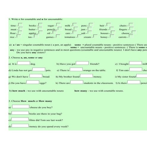 Countable and uncountable nouns exercises