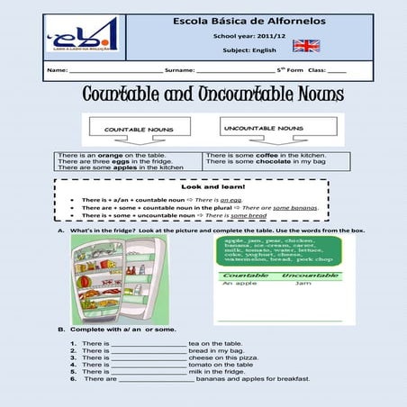 Countable and uncountable nouns ws