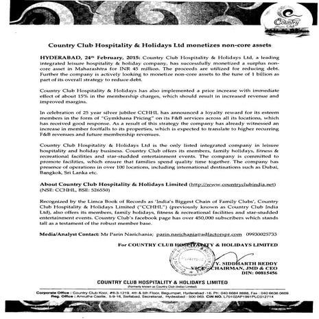 Country Club Hospitality & Holidays Ltd Monetizes Non Core Assets
