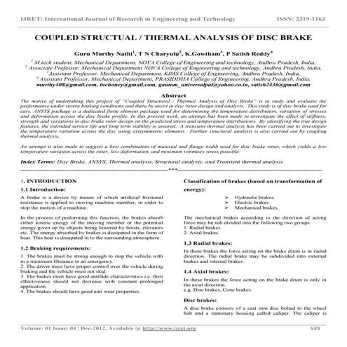 Coupled structual  thermal analysis of disc brake