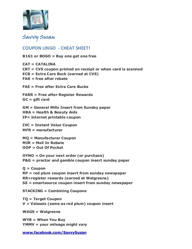coupon lingo abbreviations coupon cheat sheet