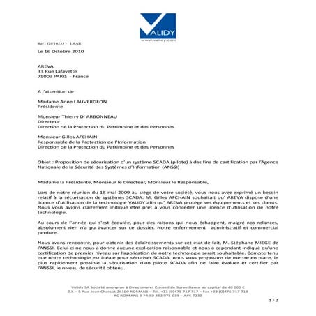 Courrier thierry d'arbonneau   gilles afchain - anne lauvergeon  - areva - re...