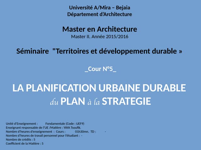 Cours: la planification urbaine durable