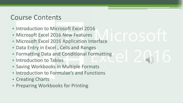 Microsoft Excel 2016 Basics Course contents
