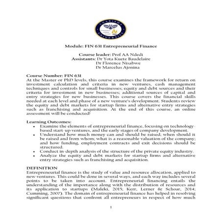 Course Entrepreneurial Finance