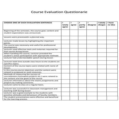 Course evaluation questionarie example