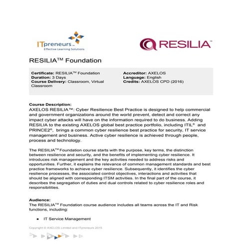 Course Factsheet - AXELOS RESILIA Foundation