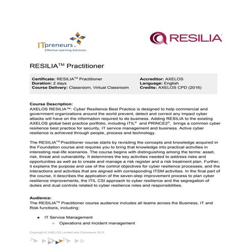 Course factsheet - AXELOS RESILIA Practitioner