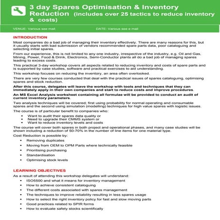 3 Day Spares Optimisation Course (Multiple Venues)