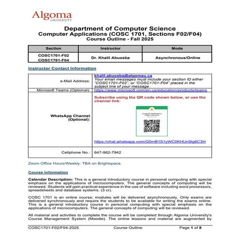 Course Outline description with subjects, title, dates