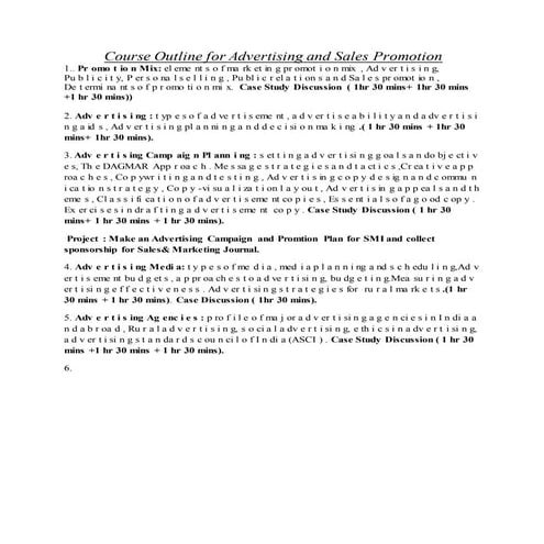 Course outline for advertising and sales promotion                  1