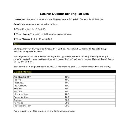 Course Outline for English 396