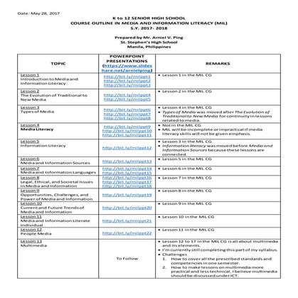 Course Outline in Media and Information Literacy (MIL)
