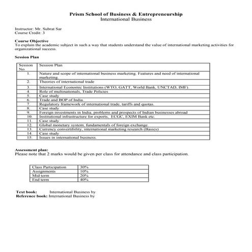 Course plan of international business
