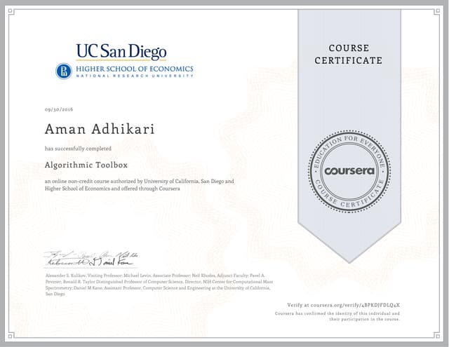 Algorithmic Toolbox Certificate from Coursera for Aman Adhikari