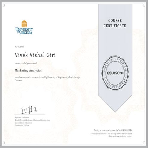 Marketing Analytics Certificate | Coursera | University of Virginia | PDF