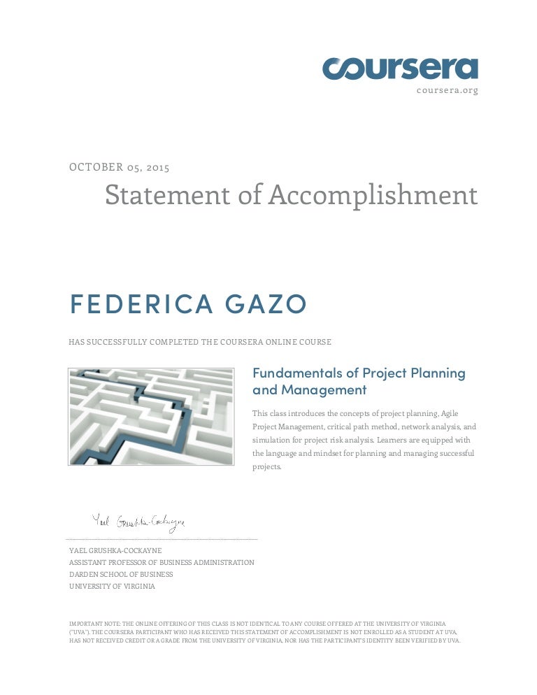 Coursera accomplishment - Fundamentals of Project Planning and Manage…