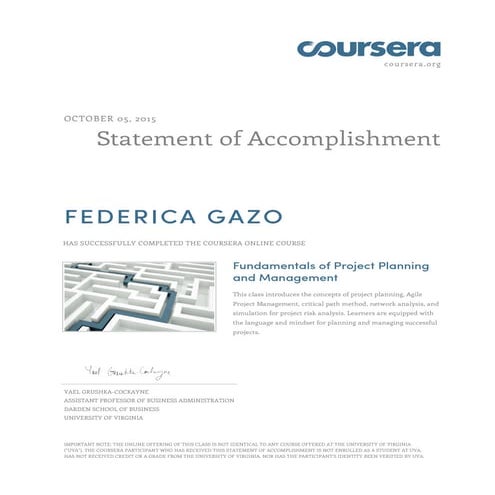 Coursera accomplishment - Fundamentals of Project Planning and Management