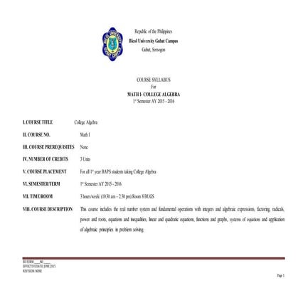 Course syllabus college algebra