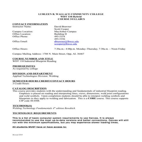 Course syllabus wdt 110 industrial blueprint reading hybrid